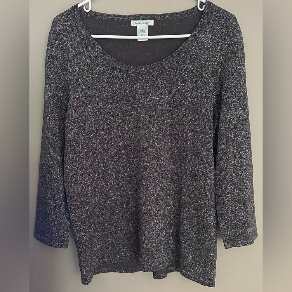 LAURA ASHLEY size MEDIUM, GRAY with SILVER metallic threading top.
